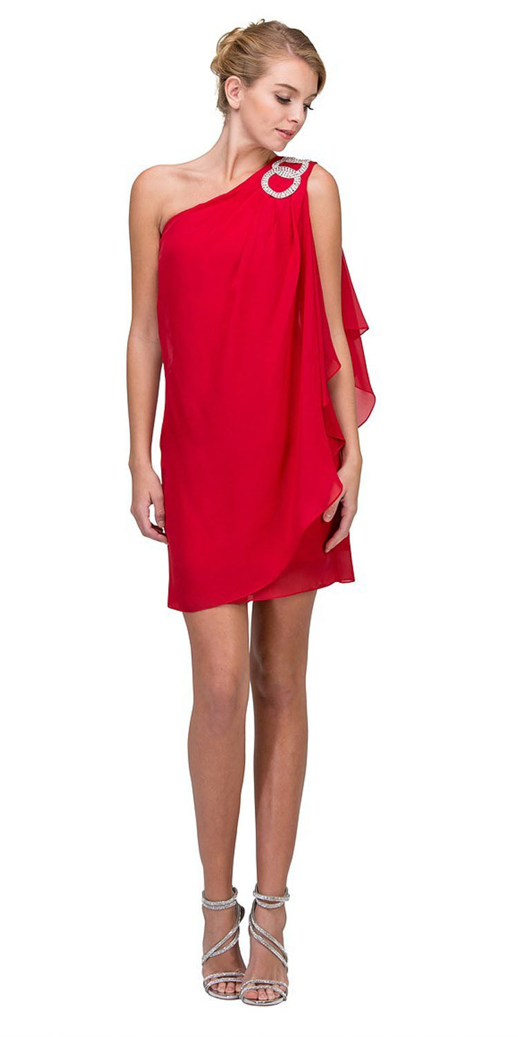 CLEARANCE - Eureka 1902 Layered One Shoulder Short Chiffon Coral Dress (Size M) by DiscountDressShop