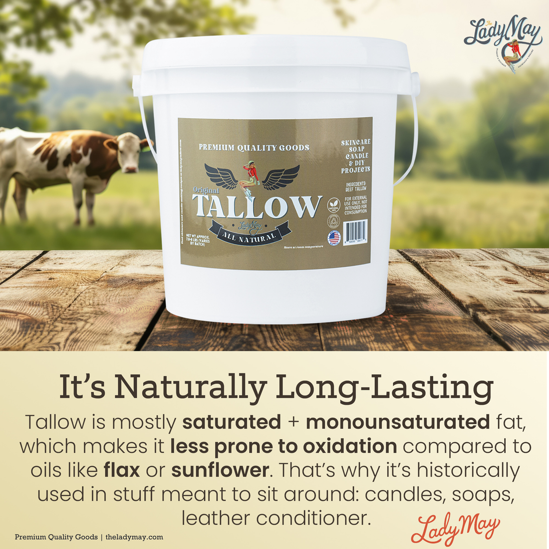 Bulk Grass-Fed Beef Tallow for Soap, Skincare &amp; Candles | 2,8,16 lbs | Maker-Proven Quality by Lady May Tallow