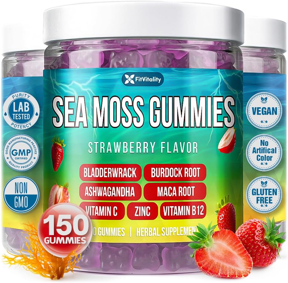 Sea Moss Gummies | Strawberry Flavor Vegan Gummies | Extra Rich 9-in-1 Formulation with Irish Sea Moss, Elderberry, Bladderwrack, Burdock, Ashwagandha, Maca, Zinc, B12 | Energy &amp; Immune Support by FreshDrinkUS - Natural and Premium Herbal Tea