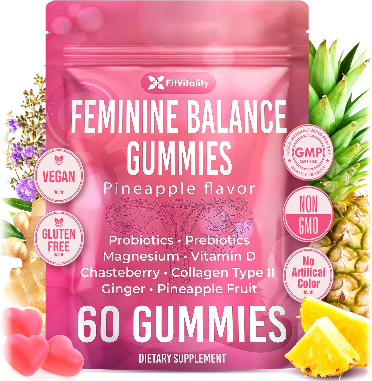 Premium Feminine Balance Gummies – Vaginal Probiotics &amp; Support Digestive Health – Probiotics, Collagen Type II, Chasteberry, Vitamin D &amp; Magnesium by FreshDrinkUS - Natural and Premium Herbal Tea
