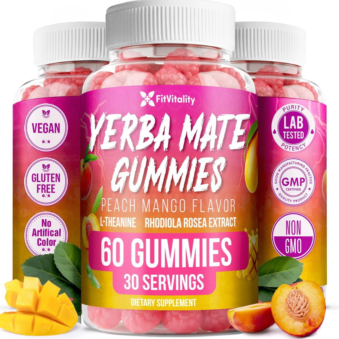 Yerba Mate Gummies – Super Focus &amp; Energy Support – Formulated with Yerba Mate Extract, L-Theanine, Rhodiola, Ginseng, Choline, B12 – Peach Mango Flavor by FreshDrinkUS - Natural and Premium Herbal Tea