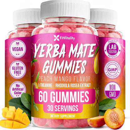 Yerba Mate Gummies – Super Focus &amp; Energy Support – Formulated with Yerba Mate Extract, L-Theanine, Rhodiola, Ginseng, Choline, B12 – Peach Mango Flavor by FreshDrinkUS - Natural and Premium Herbal Tea