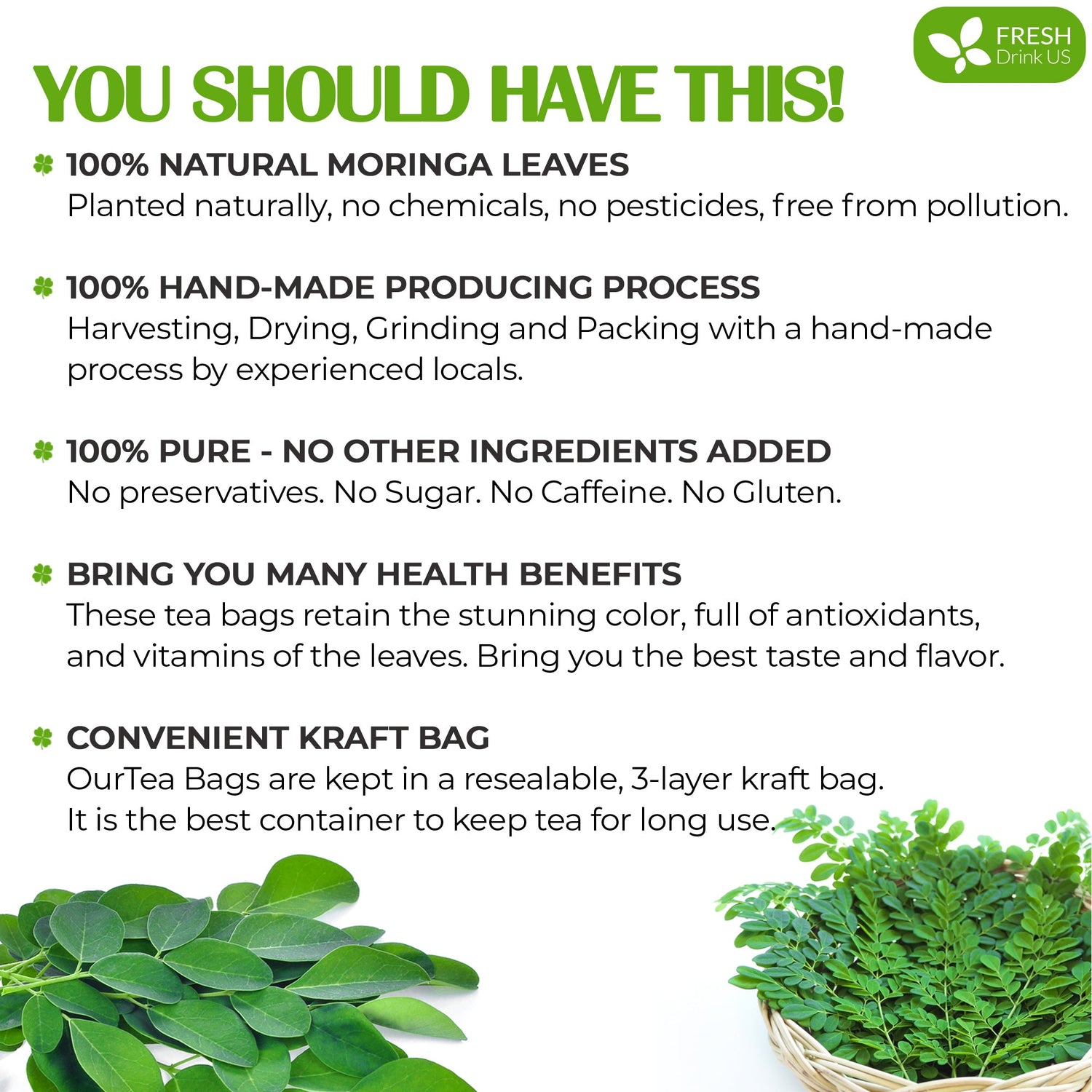 Moringa Leaf Tea Bags, 100% Natural &amp; Pure from Moringa Leaves. Loose Leaf Moringa Herbal Tea. Moringa Leaf Tea. No Sugar, No Caffeine, No Gluten, Vegan by FreshDrinkUS - Natural and Premium Herbal Tea