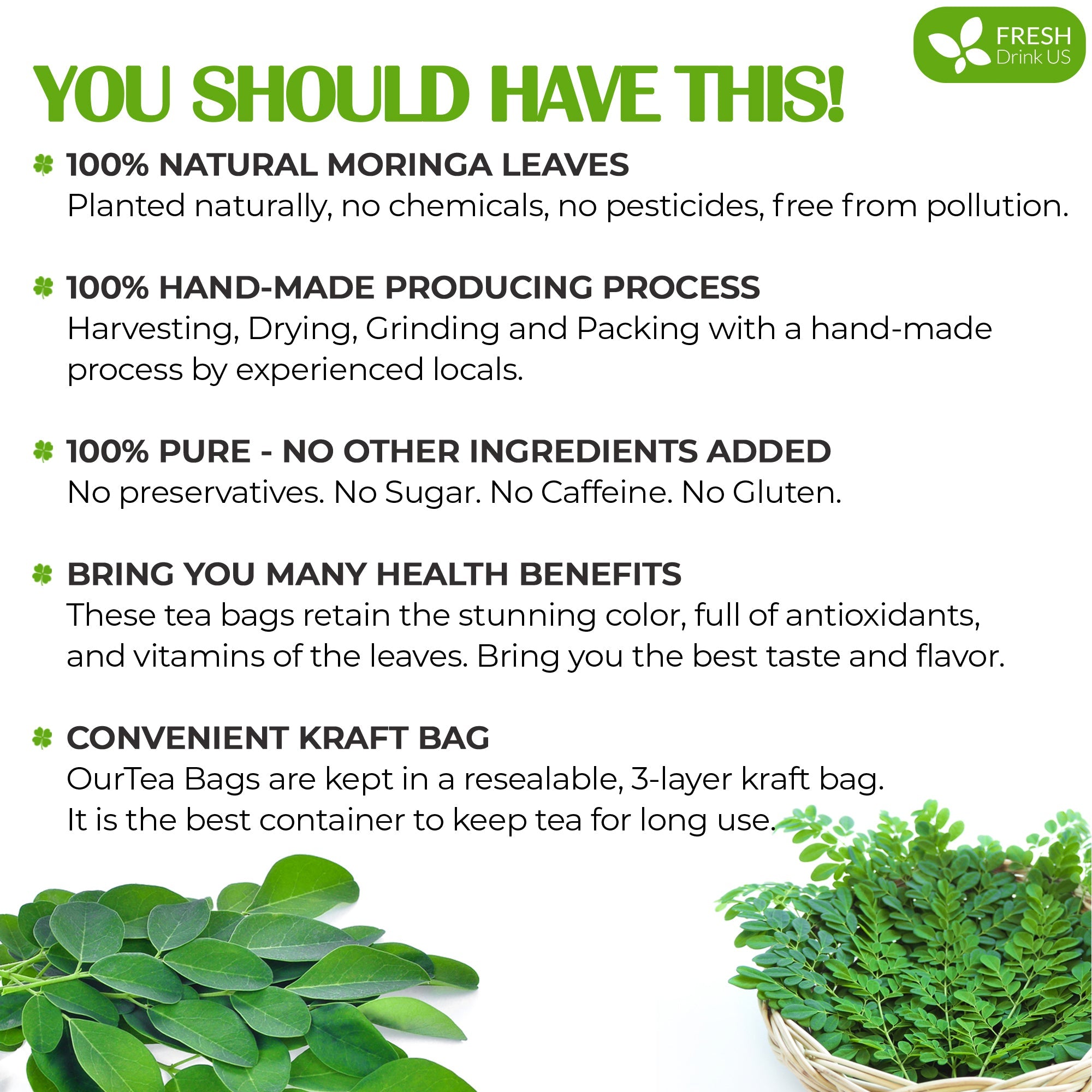 Moringa Leaf Tea Bags, 100% Natural &amp; Pure from Moringa Leaves. Loose Leaf Moringa Herbal Tea. Moringa Leaf Tea. No Sugar, No Caffeine, No Gluten, Vegan by FreshDrinkUS - Natural and Premium Herbal Tea