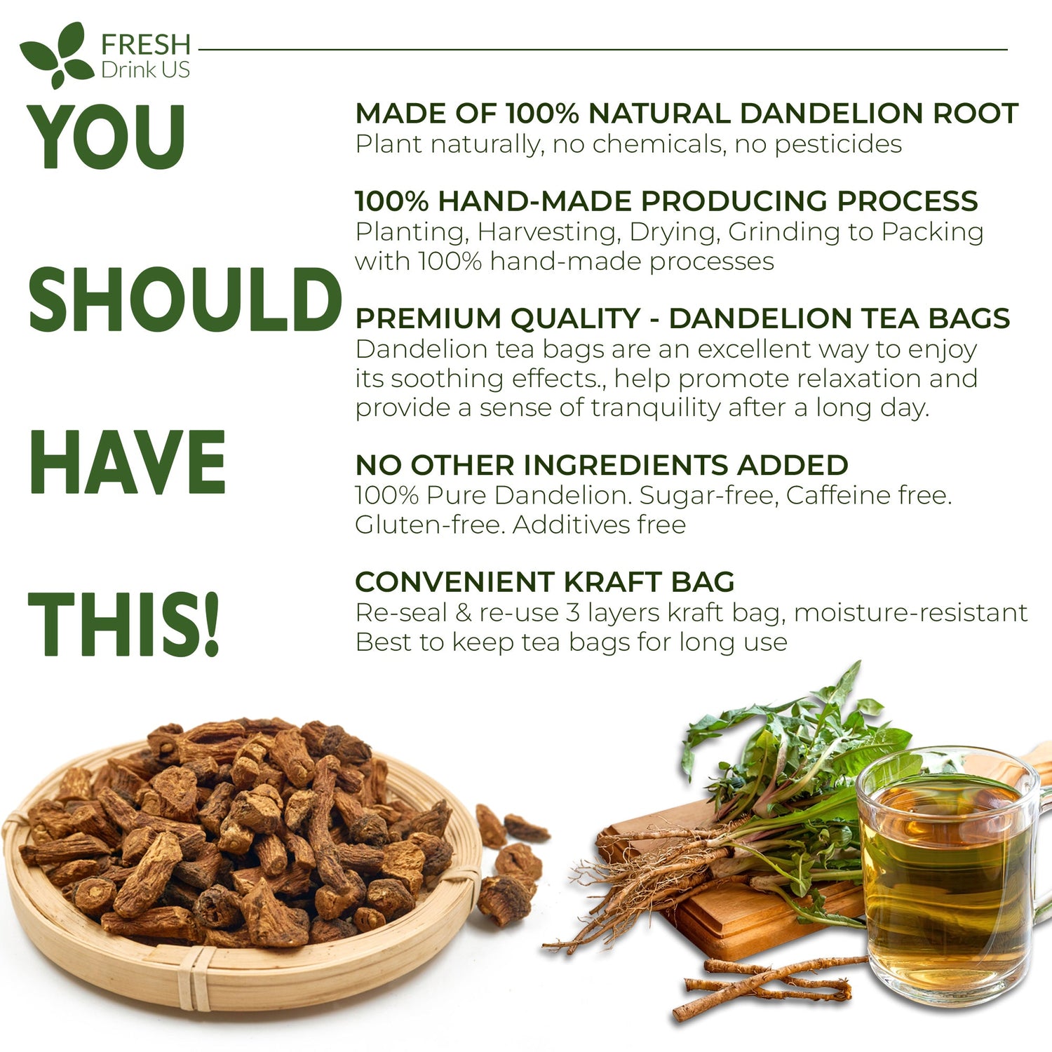 Dandelion Root Tea Bags, 100% Natural &amp; Pure from Dandelion Root, Eco-Conscious Tea Bags, Dandelion Root Herbal Tea. Dandelion Root Tea. No Sugar, No Caffeine, No Gluten, Vegan. by FreshDrinkUS - Natural and Premium Herbal Tea