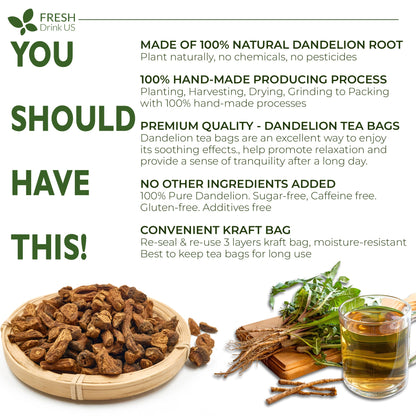Dandelion Root Tea Bags, 100% Natural &amp; Pure from Dandelion Root, Eco-Conscious Tea Bags, Dandelion Root Herbal Tea. Dandelion Root Tea. No Sugar, No Caffeine, No Gluten, Vegan. by FreshDrinkUS - Natural and Premium Herbal Tea