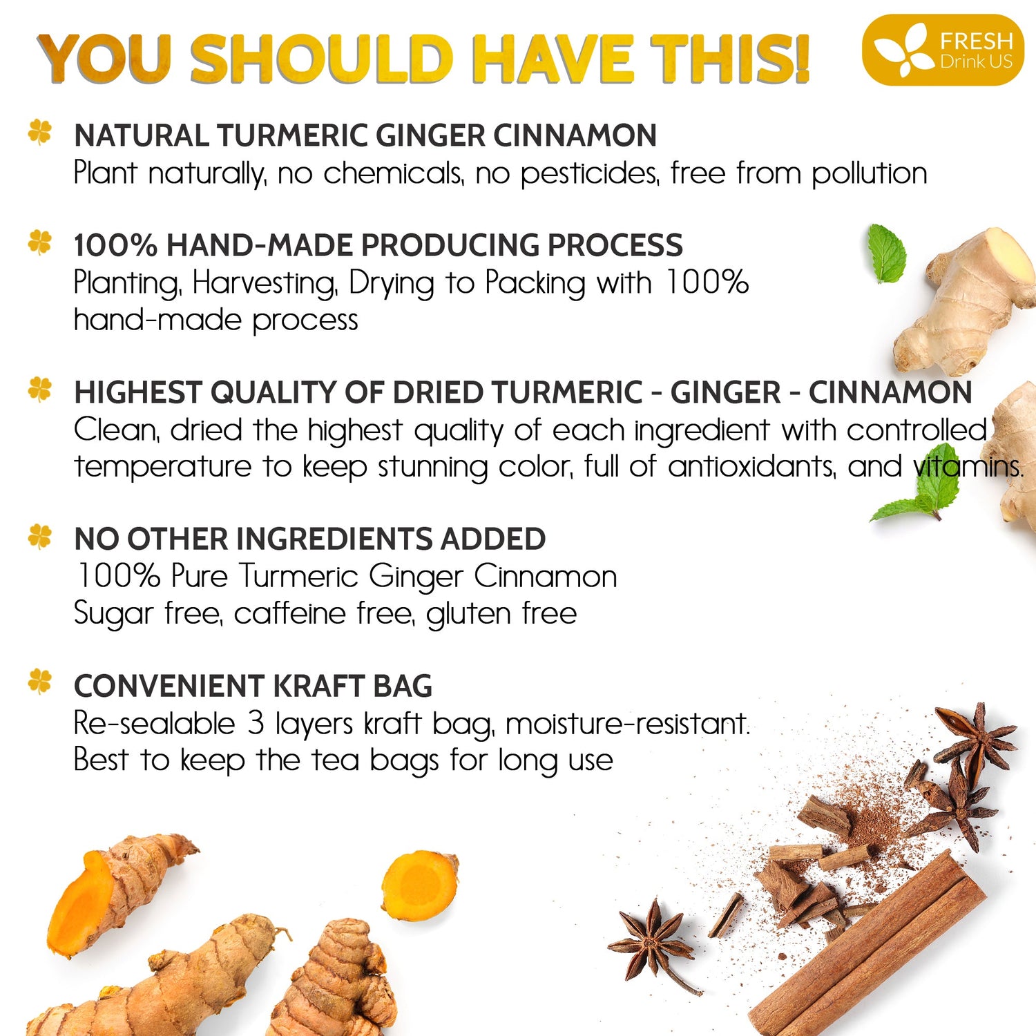 Turmeric, Ginger, Cinnamon Tea, Tea Bags, 100% Natural, Hand-made Blend of Turmeric, Ginger, and Cinnamon. Eco-conscious Tea Bags. Turmeric Ginger Herbal Tea. No Sugar, No Caffeine, No Gluten, Vegan. by FreshDrinkUS - Natural and Premium Herbal Tea