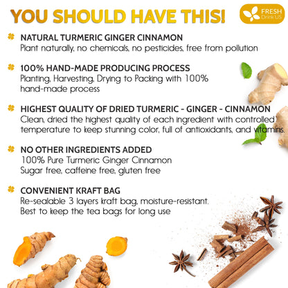 Turmeric, Ginger, Cinnamon Tea, Tea Bags, 100% Natural, Hand-made Blend of Turmeric, Ginger, and Cinnamon. Eco-conscious Tea Bags. Turmeric Ginger Herbal Tea. No Sugar, No Caffeine, No Gluten, Vegan. by FreshDrinkUS - Natural and Premium Herbal Tea