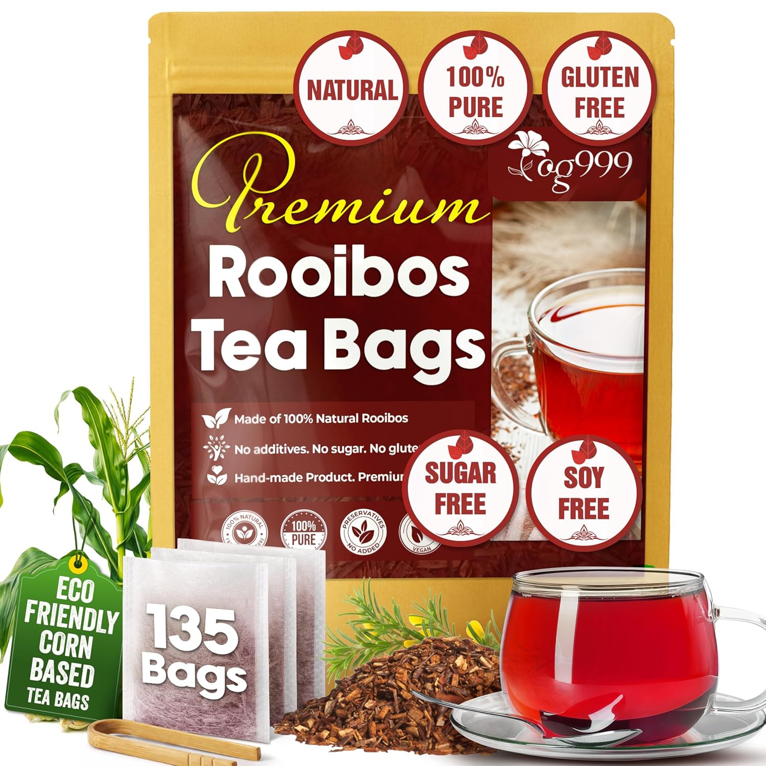 Premium Red Rooibos Tea Bags, 100% Natural &amp; Pure from Rooibos Tea Leaves. Loose Leaf Rooibos Herbal Tea. Made with Natural Material Tea Bags. No Sugar, No Caffeine, No Gluten, Vegan. by FreshDrinkUS - Natural and Premium Herbal Tea