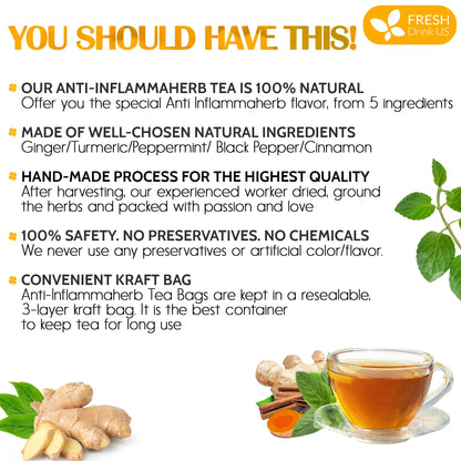 Anti-Inflammaheb Loose Leaf Tea, 100% Natural from Ginger, Turmeric, Peppermint, Black Pepper, Cinnamon by FreshDrinkUS - Natural and Premium Herbal Tea