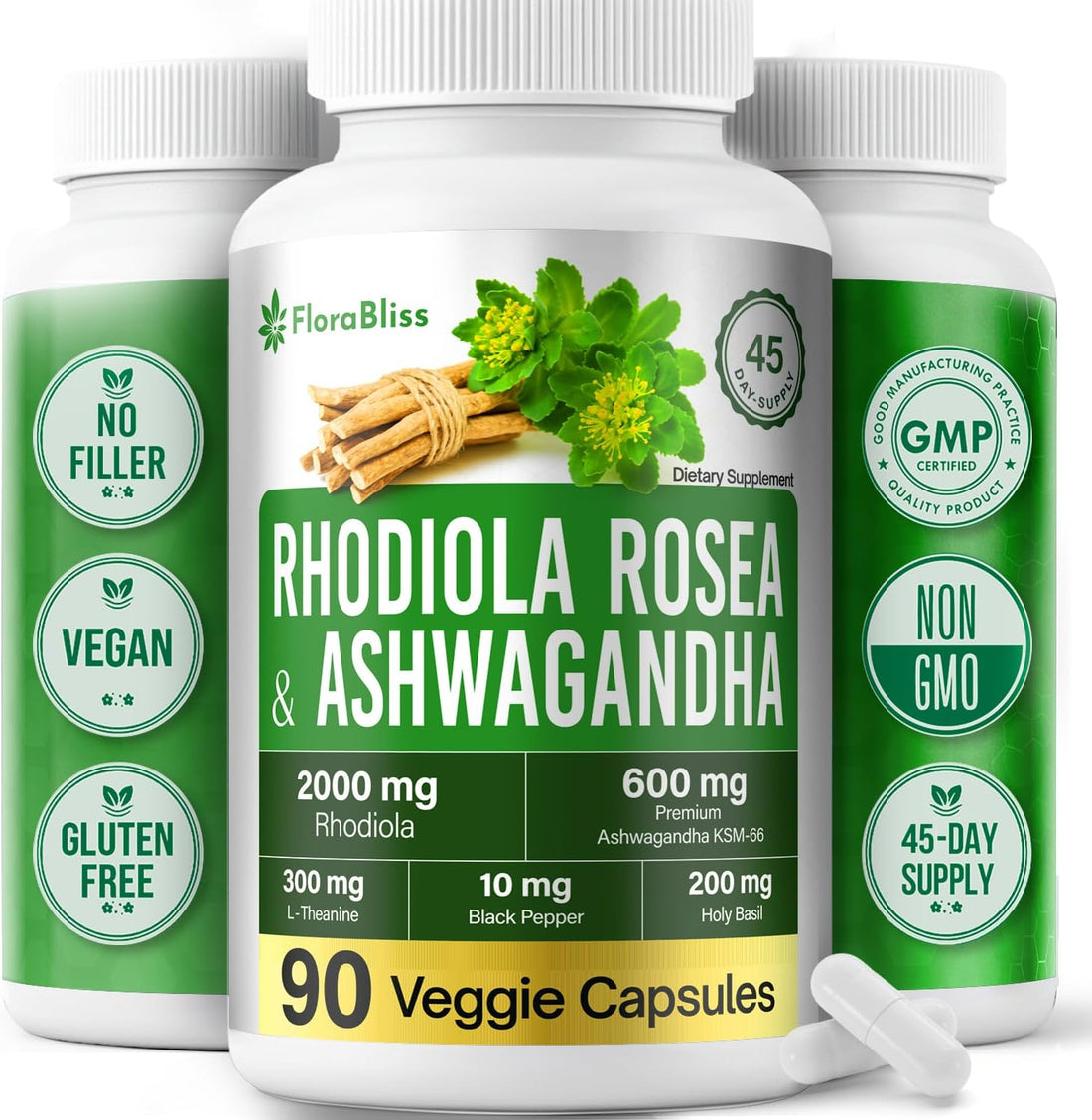 Rhodiola Rosea 2000mg with Ashwagandha KSM-66, L-Theanine, Holy Basil &amp; BioPerine - High Potency Vegan Capsules by FreshDrinkUS - Natural and Premium Herbal Tea