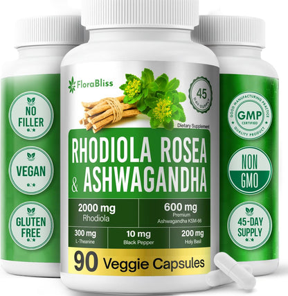 Rhodiola Rosea 2000mg with Ashwagandha KSM-66, L-Theanine, Holy Basil &amp; BioPerine - High Potency Vegan Capsules by FreshDrinkUS - Natural and Premium Herbal Tea