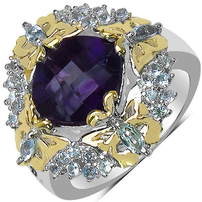 3.91 Carat Genuine Amethyst, Blue Topaz &amp; White Diamond .925 Sterling Silver Ring