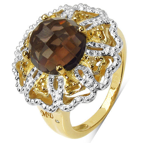 14K Yellow Gold Plated 3.23 Carat Genuine Smoky Quartz, Citrine &amp; White Diamond .925 Sterling Silver Ring