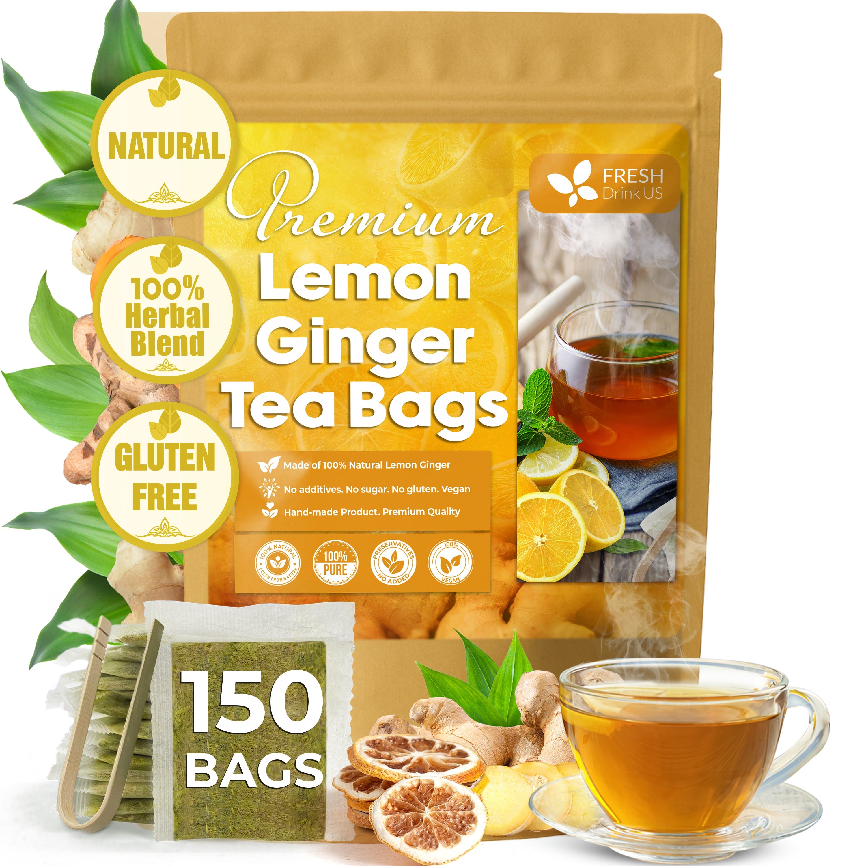 Premium Lemon Ginger Tea Bag, Eco-conscious Tea Bags. Lemon Ginger Herbal Tea. No Sugar, No Caffeine, No Gluten, Vegan. by FreshDrinkUS - Natural and Premium Herbal Tea