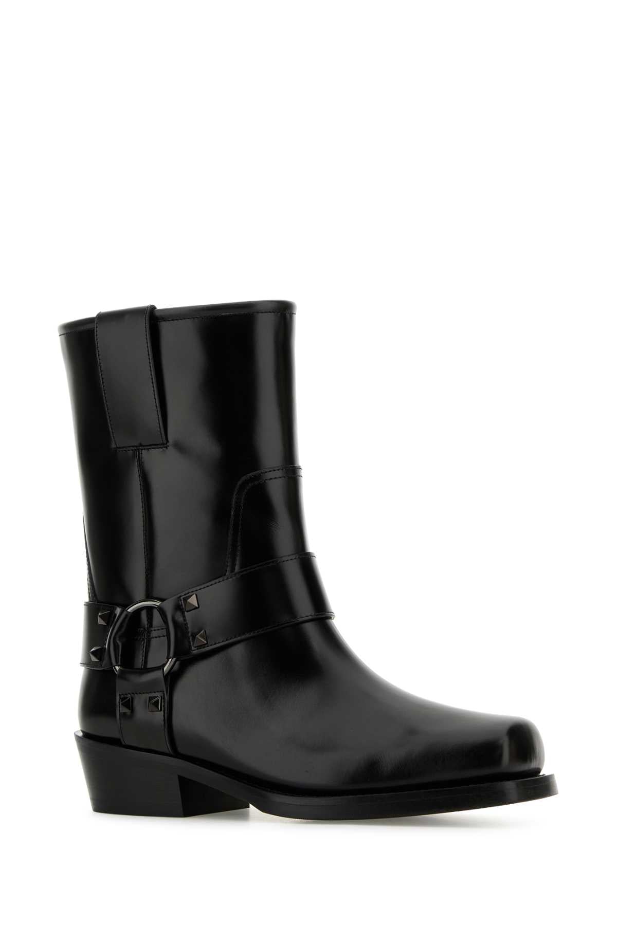 Valentino Garavani Women Black Leather Biker Rockstud Ankle Boots by Luosophy