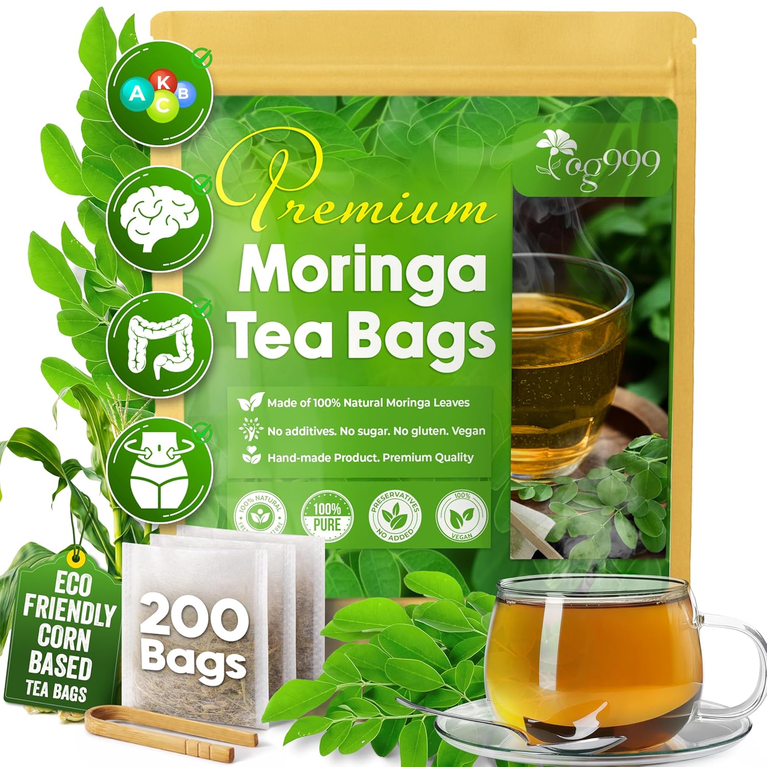 Moringa Leaf Tea Bags, 100% Natural &amp; Pure from Moringa Leaves. Loose Leaf Moringa Herbal Tea. Moringa Leaf Tea. No Sugar, No Caffeine, No Gluten, Vegan by FreshDrinkUS - Natural and Premium Herbal Tea