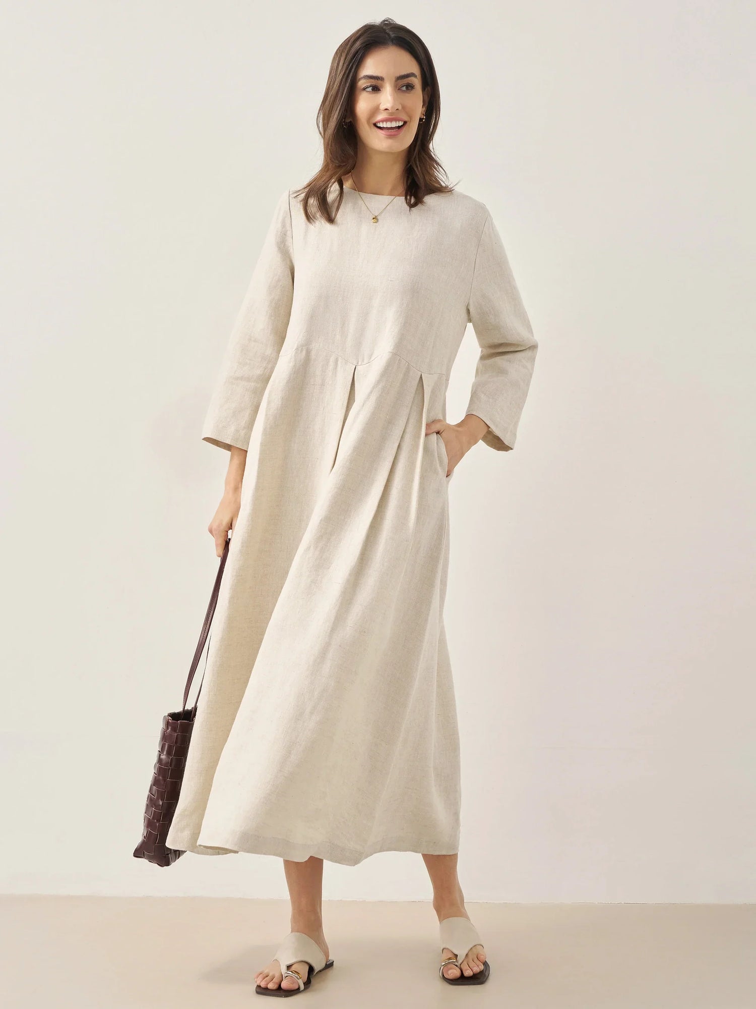 100% Linen Bateau Neck Pleated Midi Dress ABIGAIL by LINTICO