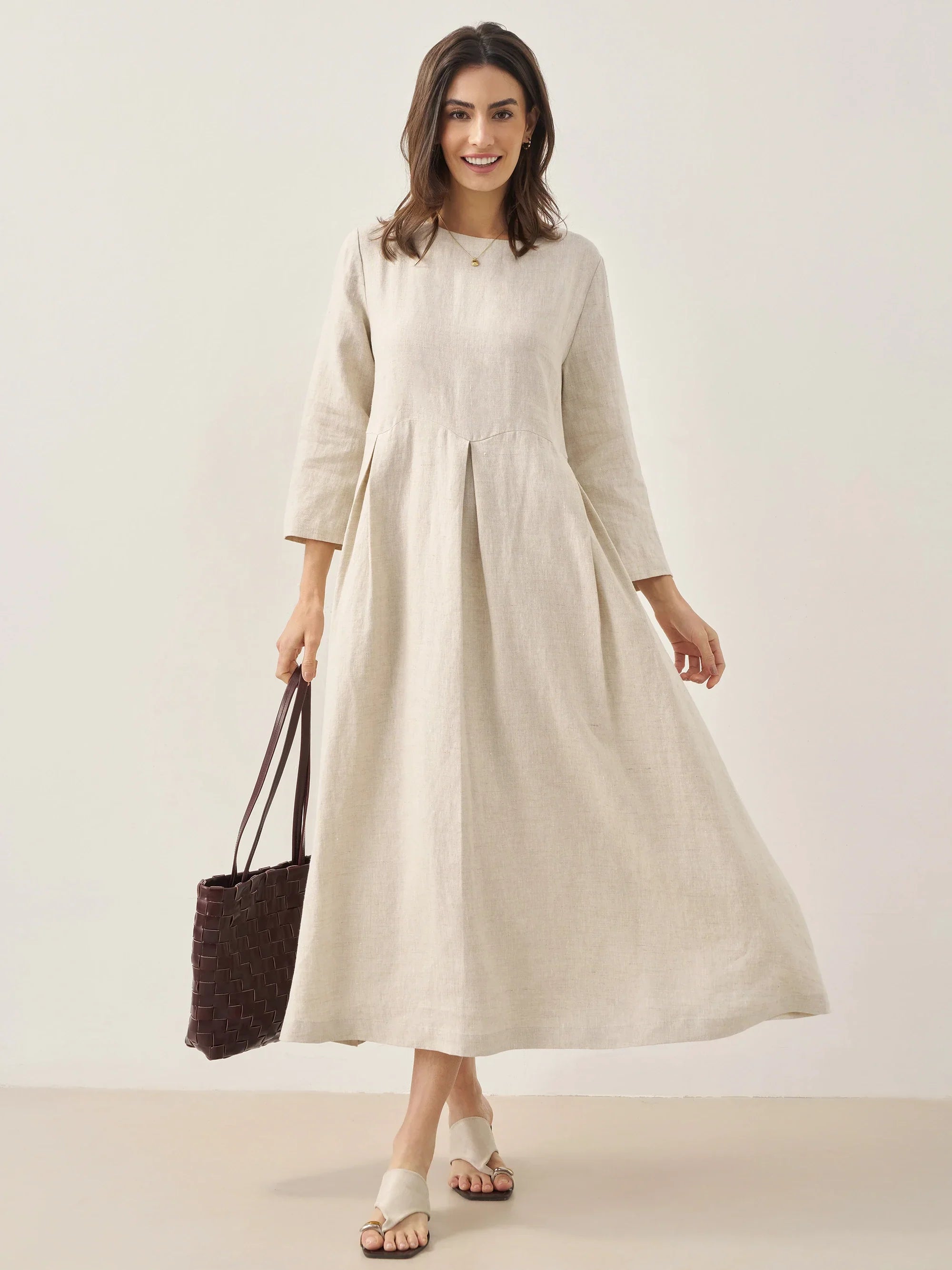 100% Linen Bateau Neck Pleated Midi Dress ABIGAIL by LINTICO