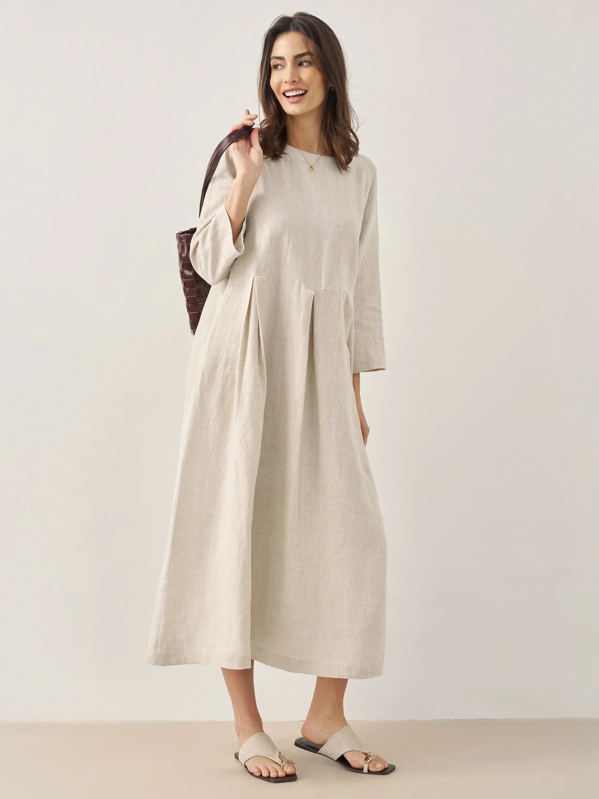 100% Linen Bateau Neck Pleated Midi Dress ABIGAIL by LINTICO