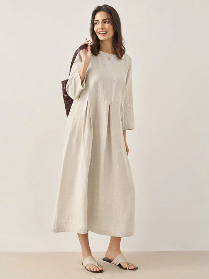 100% Linen Bateau Neck Pleated Midi Dress by LINTICO