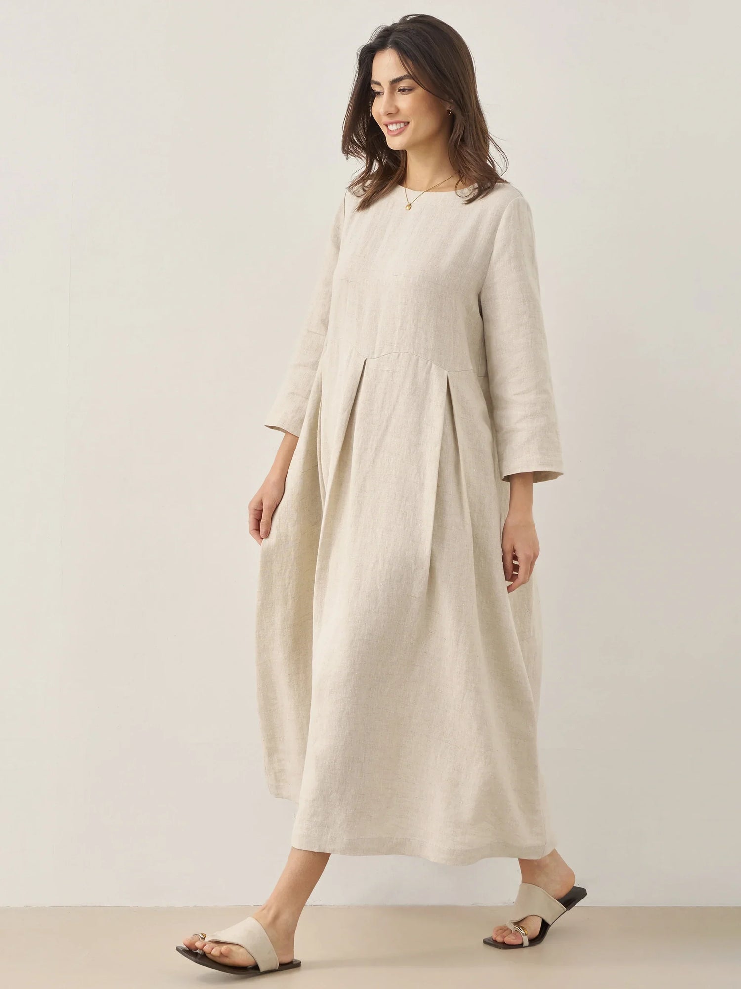 100% Linen Bateau Neck Pleated Midi Dress by LINTICO