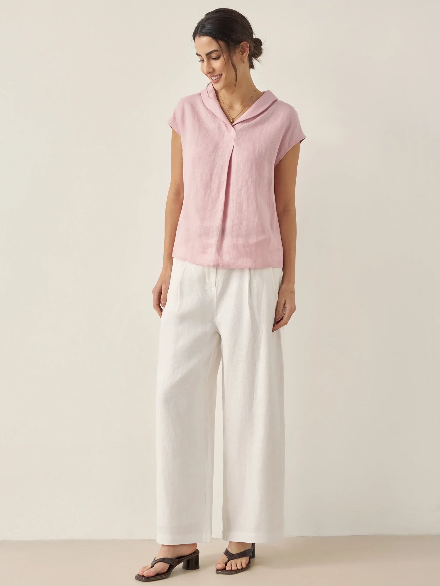 100% Linen Shawl V-Neck Cap Sleeves Top ELARA by LINTICO