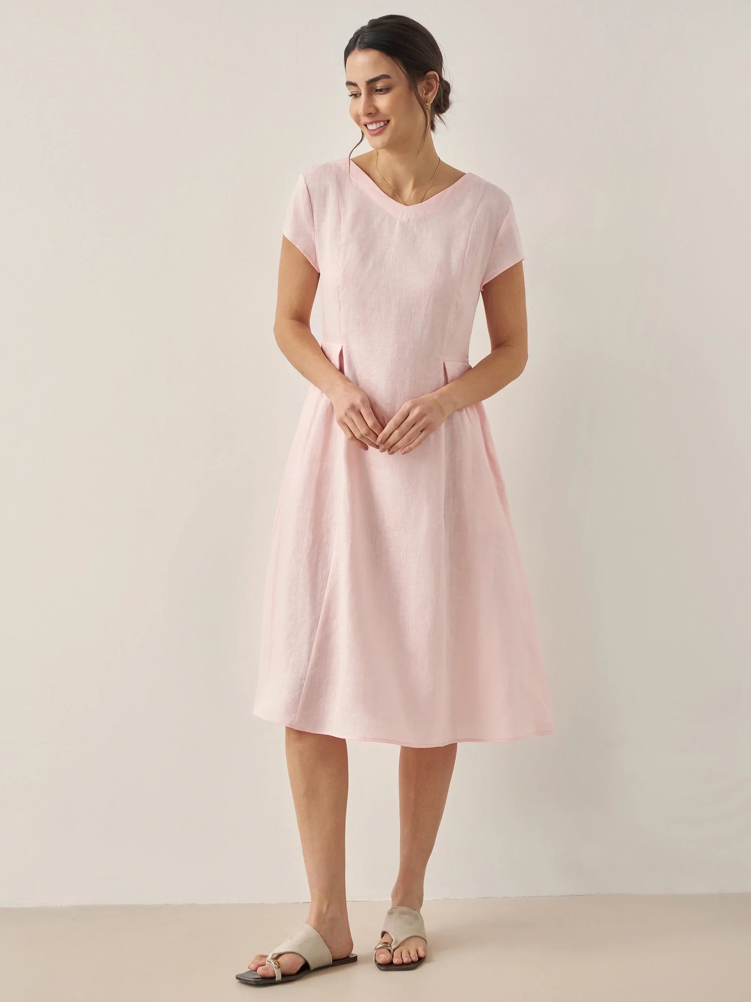 100% Linen Natural Summer V-Neck Dress ALEXA by LINTICO