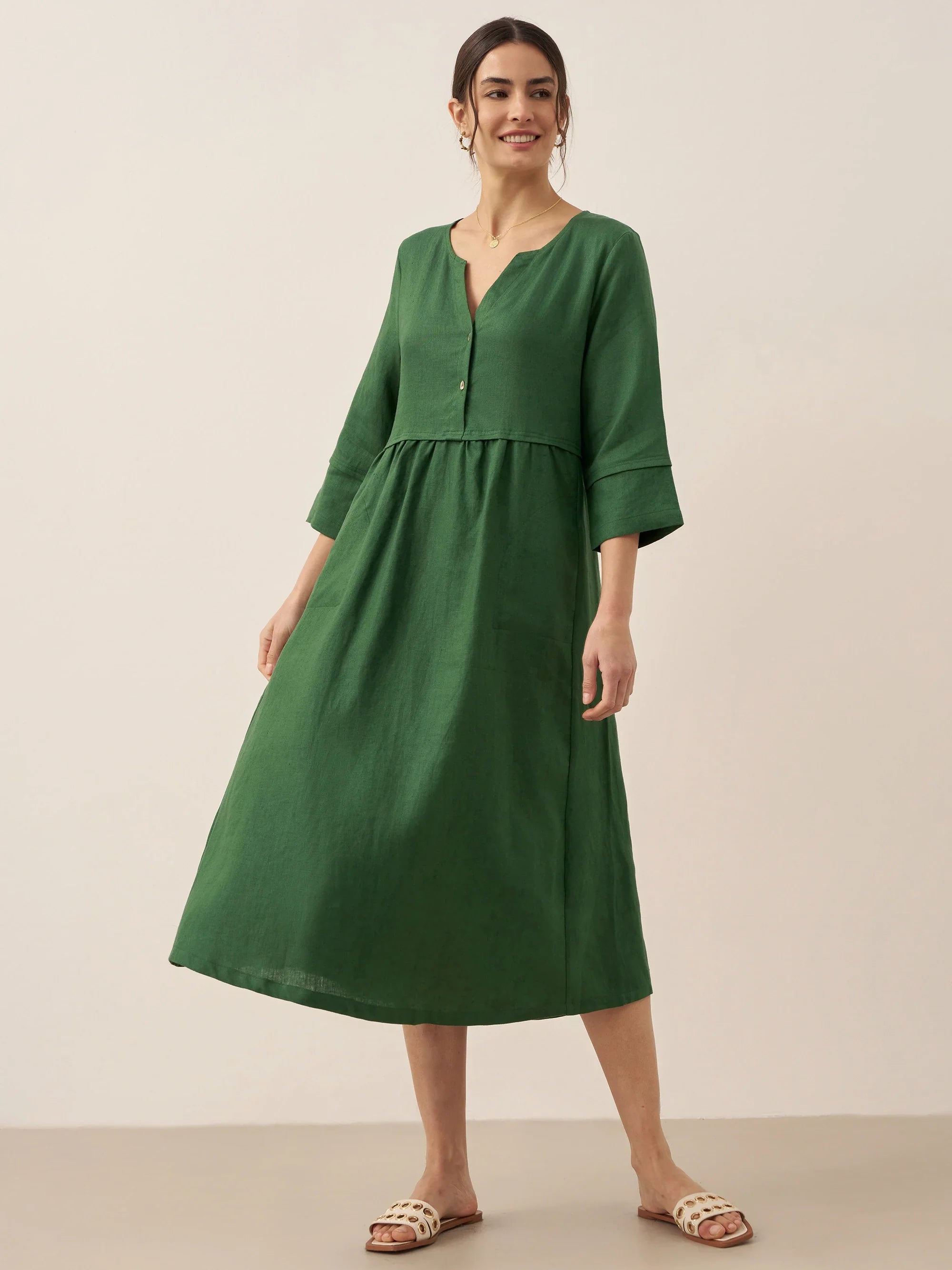 100% Linen Loose Fit Button Waist Gathered Midi Dress LUNA by LINTICO