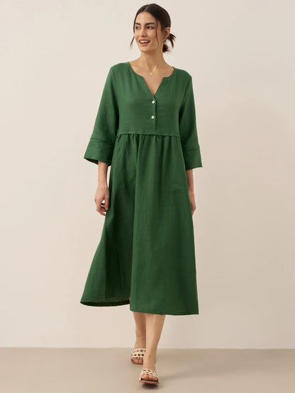 100% Linen Loose Fit Button Waist Gathered Midi Dress LUNA by LINTICO