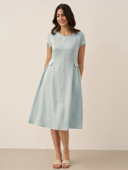 100% Linen Natural Summer V-Neck Dress ALEXA by LINTICO