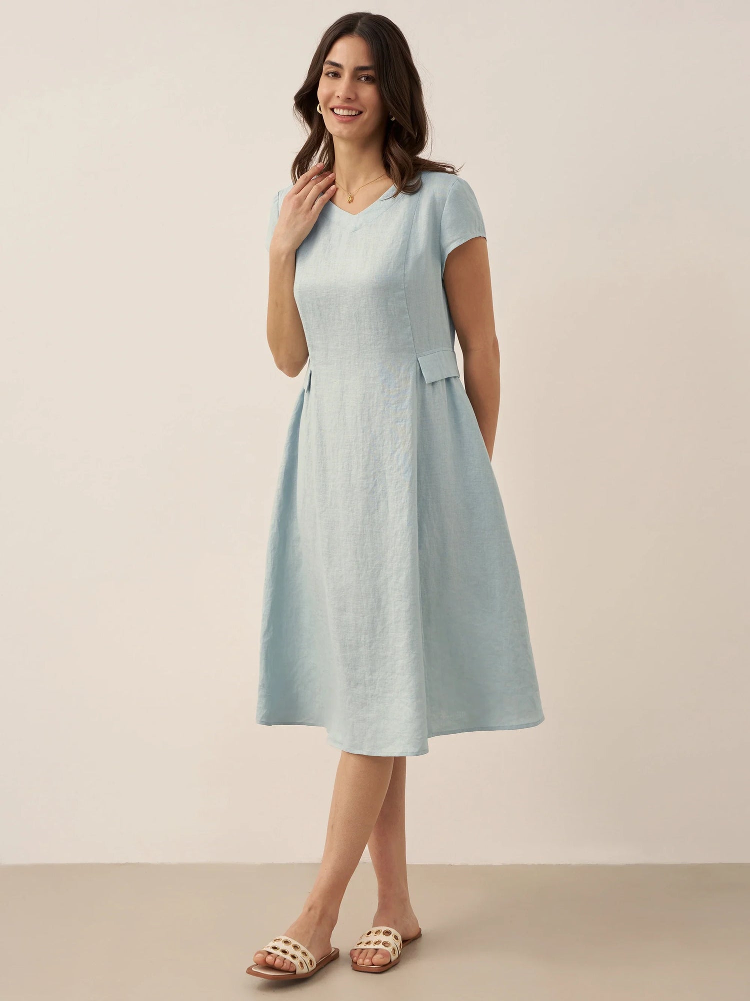 100% Linen Natural Summer V-Neck Dress ALEXA by LINTICO