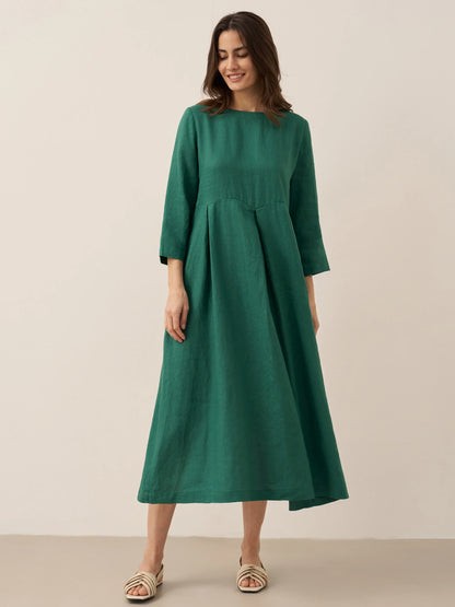 100% Linen Bateau Neck Pleated Midi Dress ABIGAIL by LINTICO