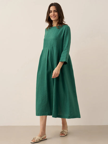100% Linen Bateau Neck Pleated Midi Dress by LINTICO