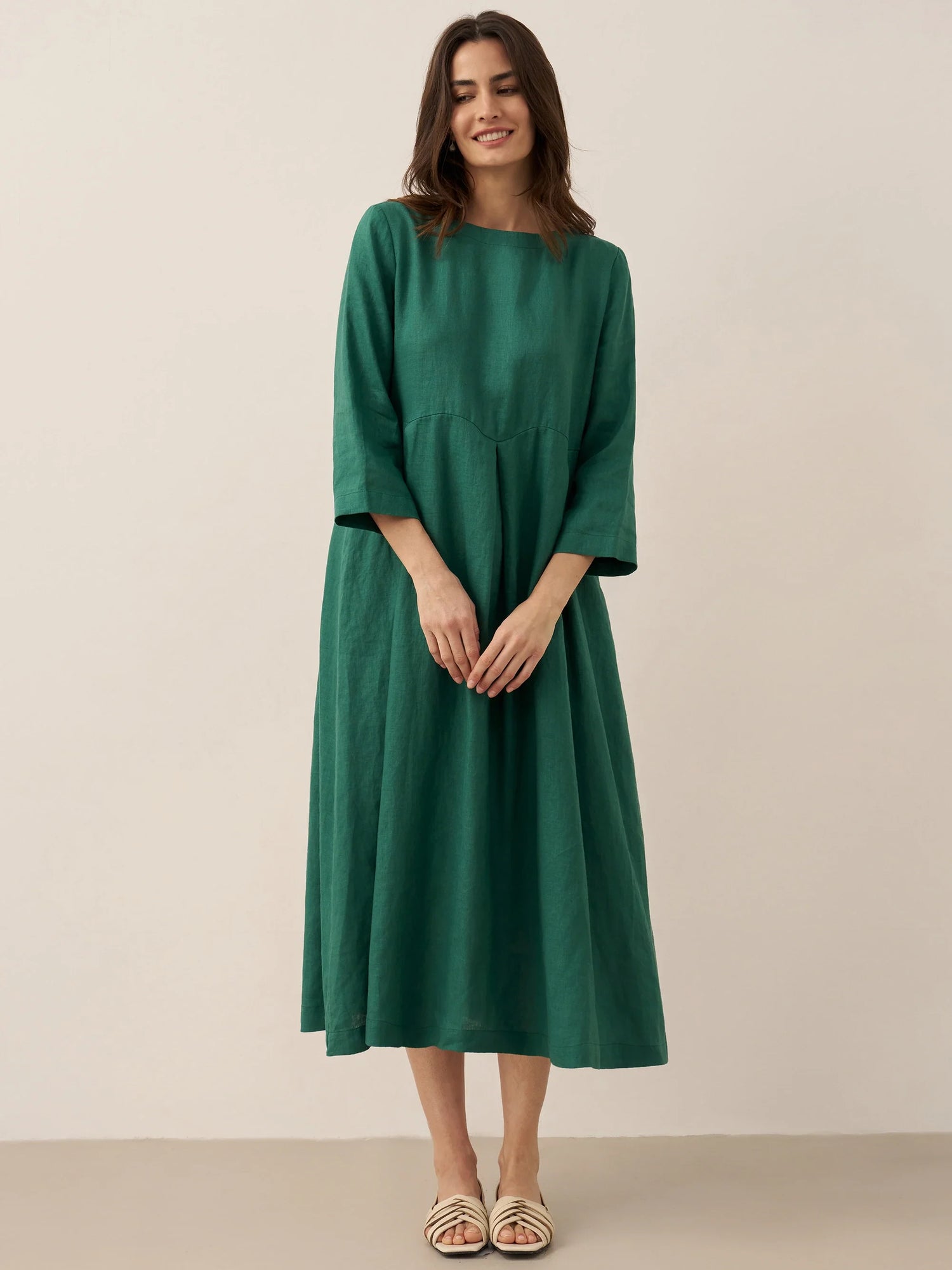 100% Linen Bateau Neck Pleated Midi Dress ABIGAIL by LINTICO