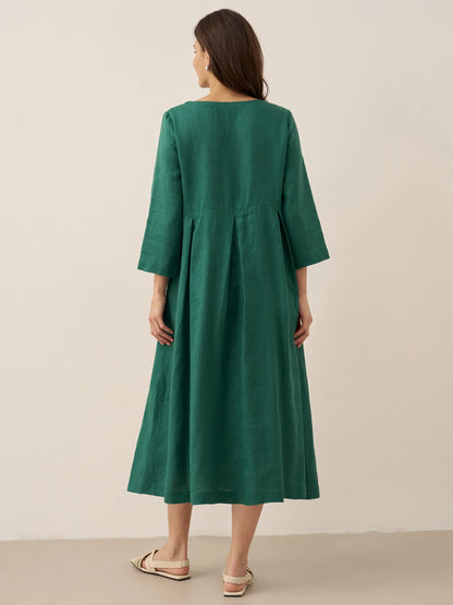 100% Linen Bateau Neck Pleated Midi Dress ABIGAIL by LINTICO