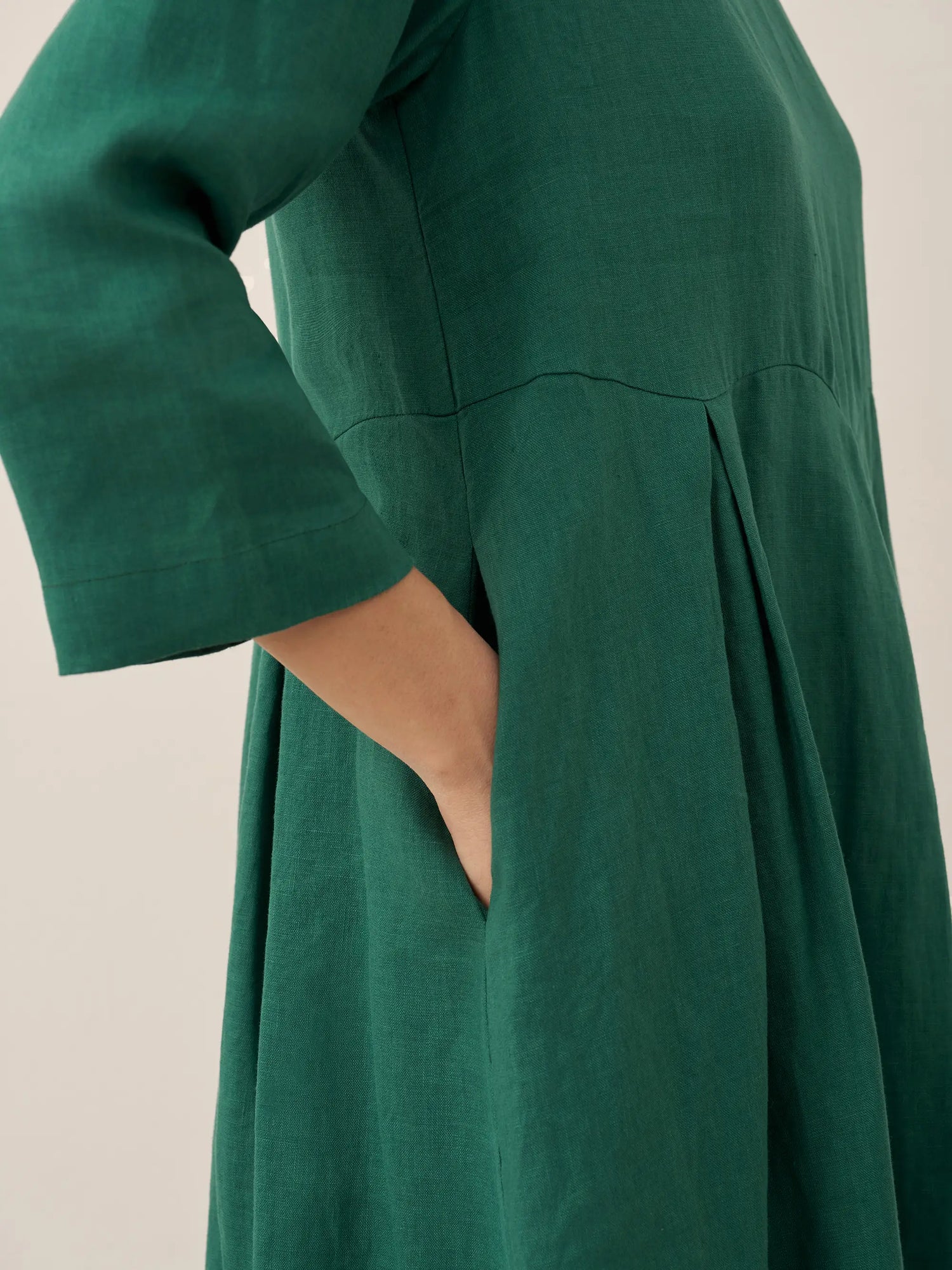 100% Linen Bateau Neck Pleated Midi Dress by LINTICO