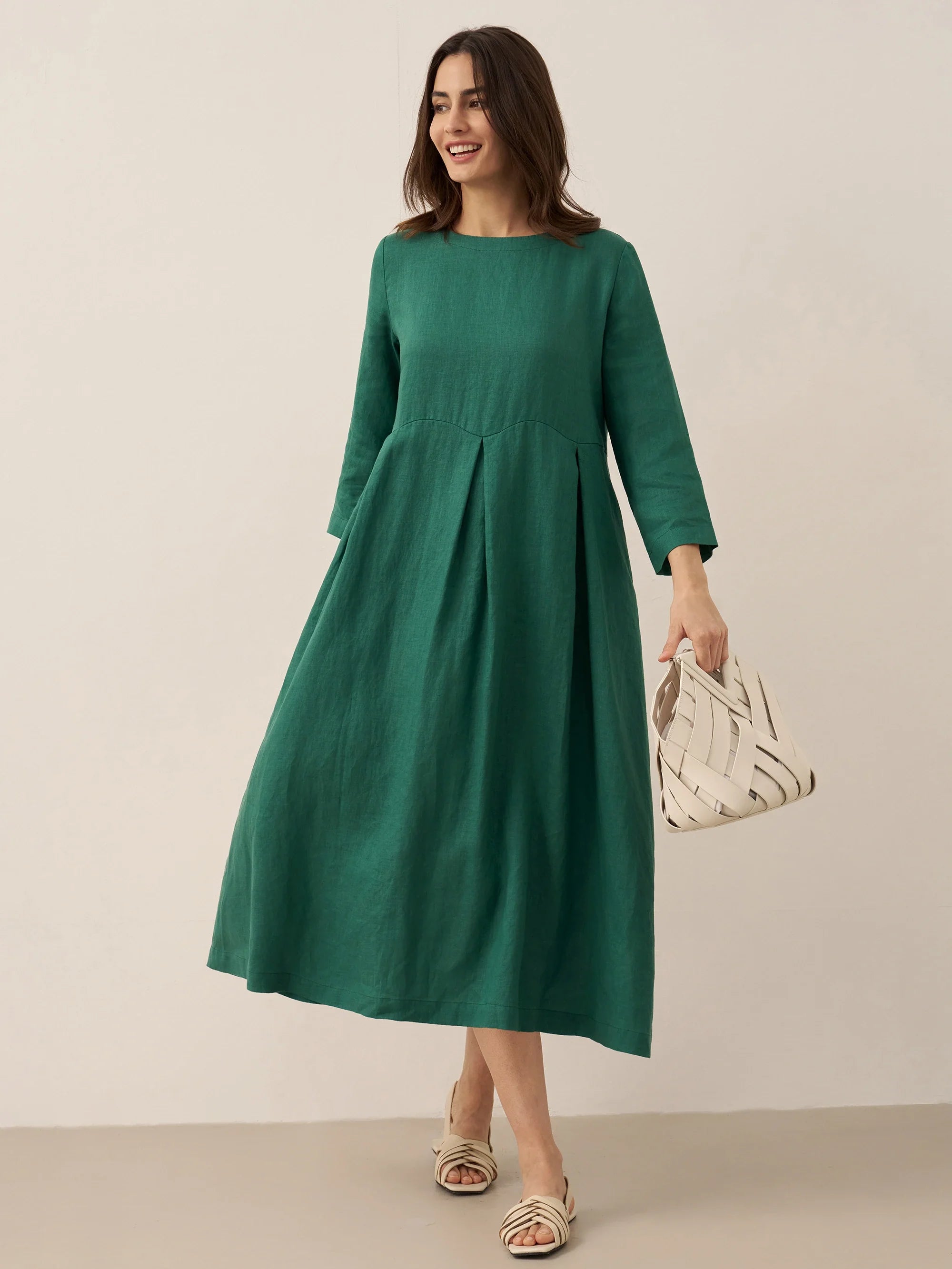 100% Linen Bateau Neck Pleated Midi Dress ABIGAIL by LINTICO