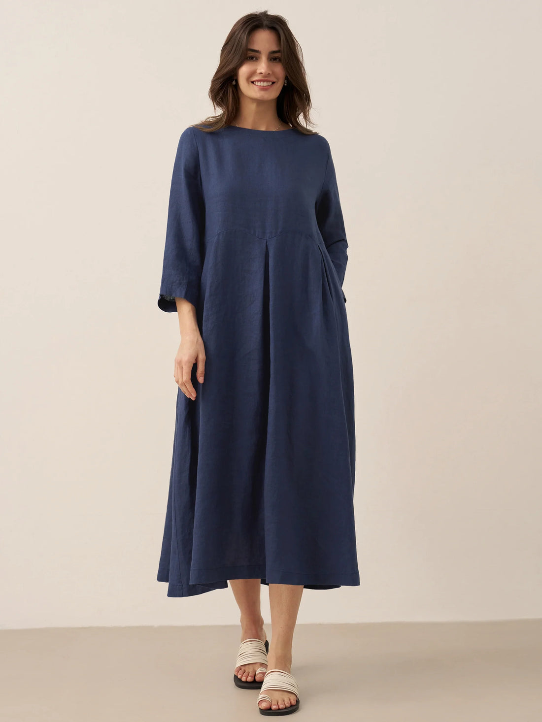 100% Linen Bateau Neck Pleated Midi Dress by LINTICO