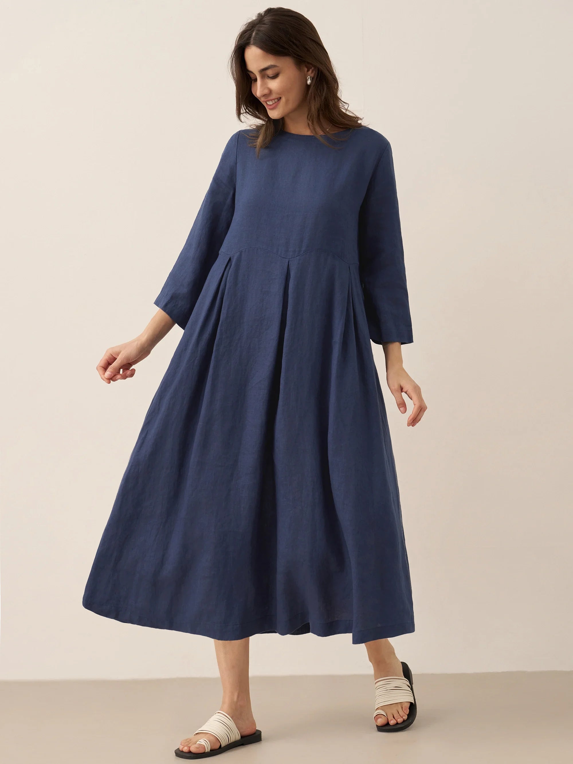 100% Linen Bateau Neck Pleated Midi Dress by LINTICO