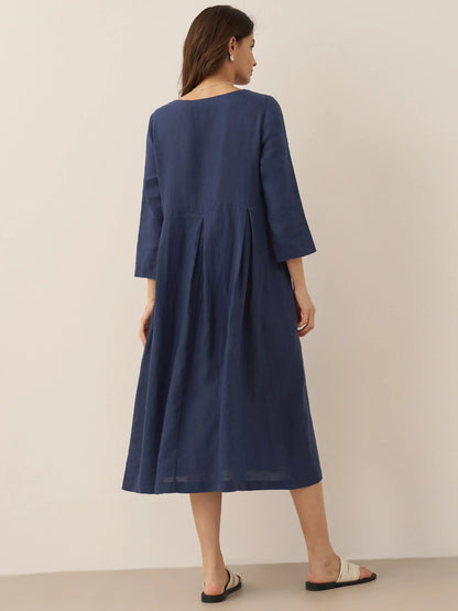100% Linen Bateau Neck Pleated Midi Dress ABIGAIL by LINTICO