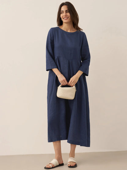 100% Linen Bateau Neck Pleated Midi Dress by LINTICO