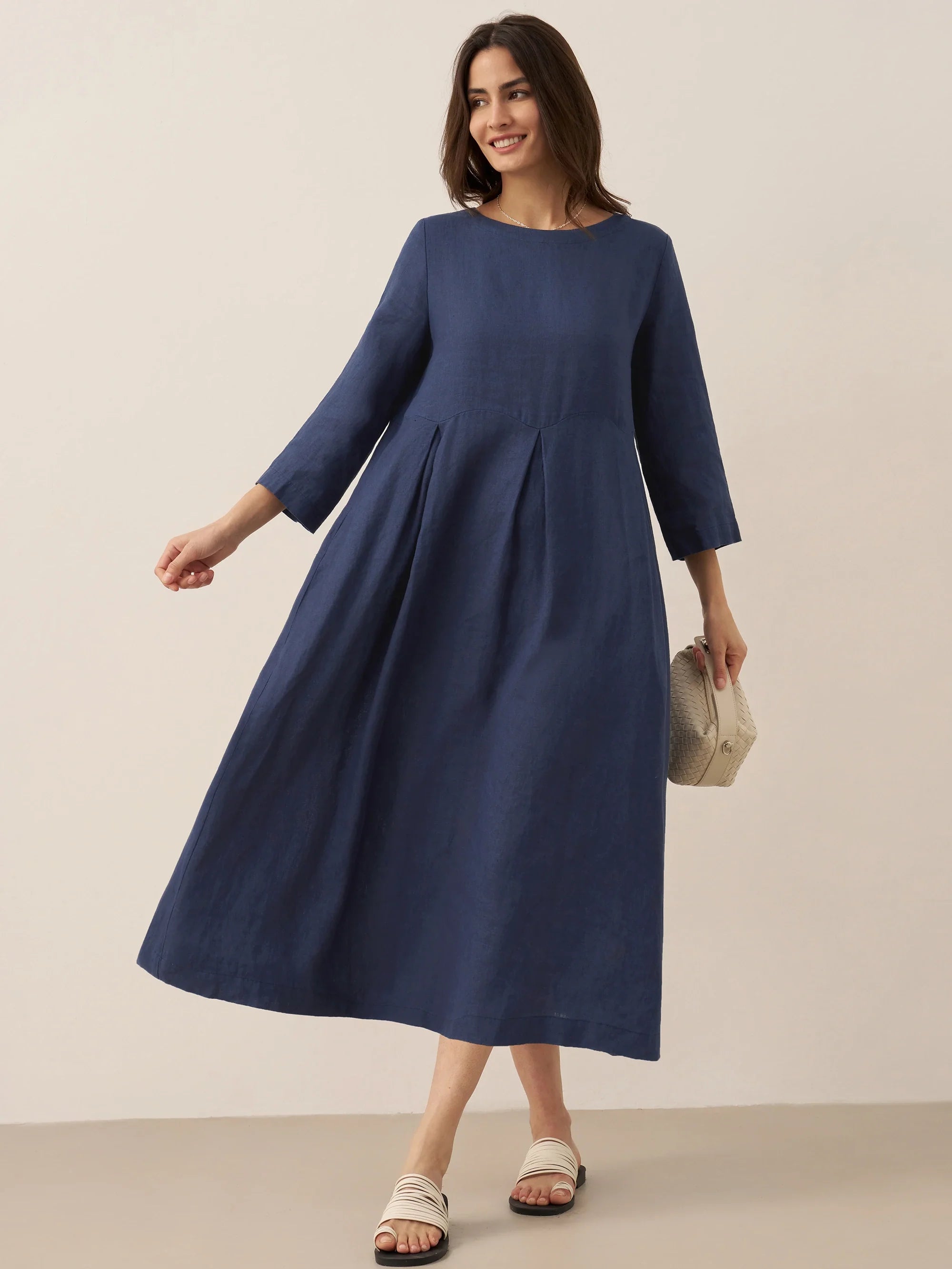 100% Linen Bateau Neck Pleated Midi Dress by LINTICO