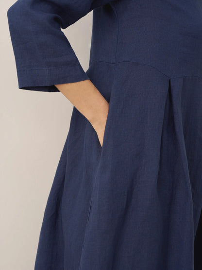 100% Linen Bateau Neck Pleated Midi Dress ABIGAIL by LINTICO