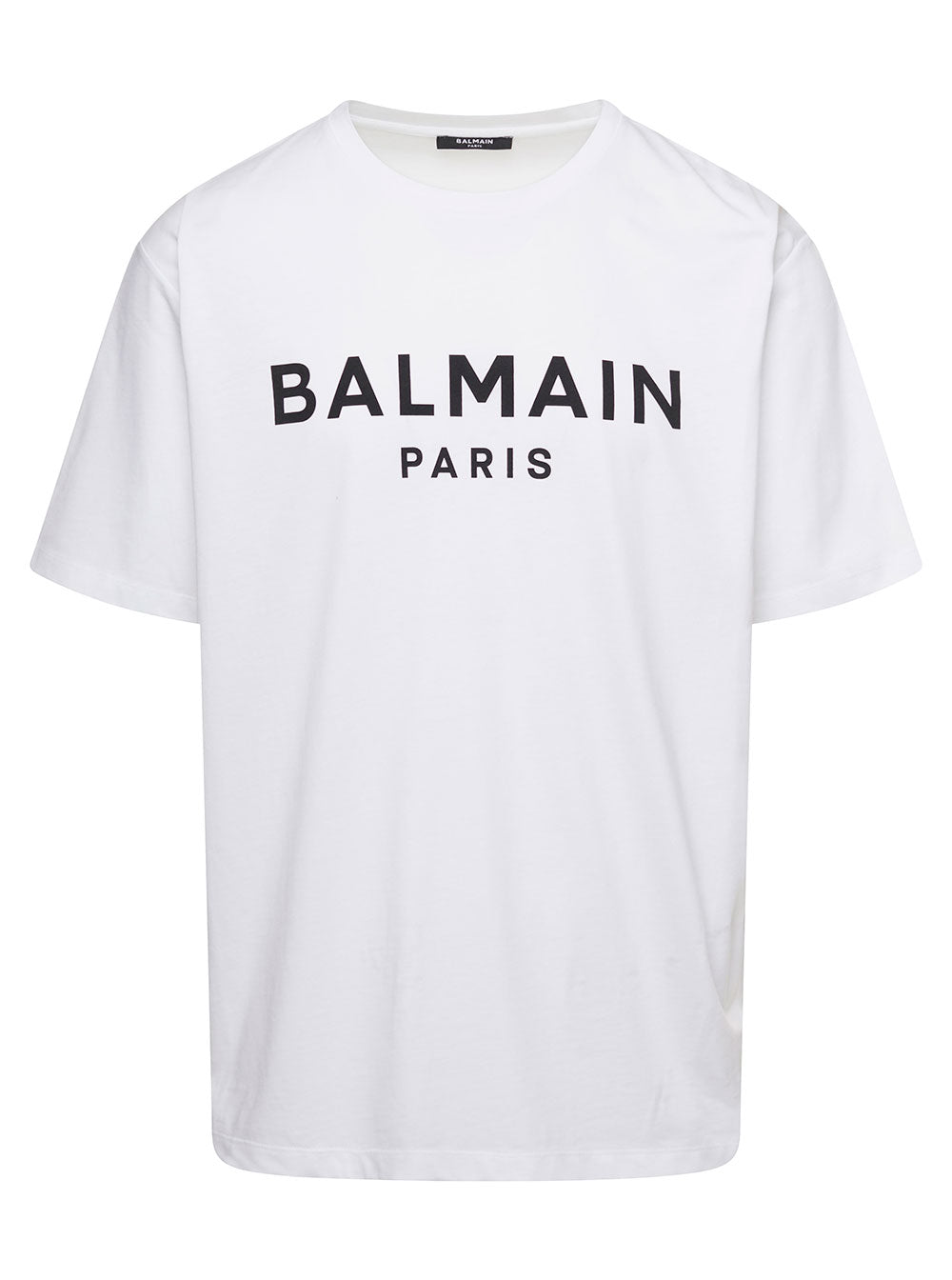 Balmain Men White Crewneck T-Shirt With Contrasting Logo Lettering Print In Cotton Man by Luosophy