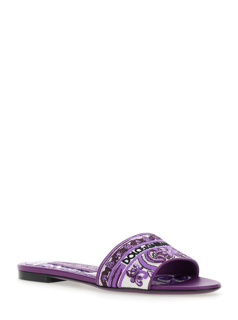 Dolce &amp; Gabbana Women Violet Sandals With Logo Embroidery On The Front And All-Over Majolica Motif In Cotton Blend Woman by Luosophy