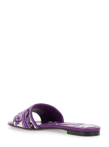Dolce &amp; Gabbana Women Violet Sandals With Logo Embroidery On The Front And All-Over Majolica Motif In Cotton Blend Woman by Luosophy