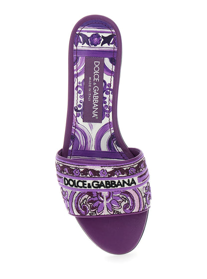Dolce &amp; Gabbana Women Violet Sandals With Logo Embroidery On The Front And All-Over Majolica Motif In Cotton Blend Woman by Luosophy