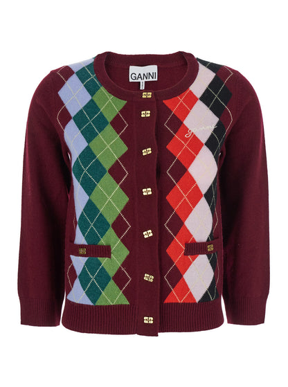 Ganni Women Multicolor Crewneck Cardigan With Jewel Buttons And Gemetric Motif On The Front In Wool And Cashmere Woman by Luosophy
