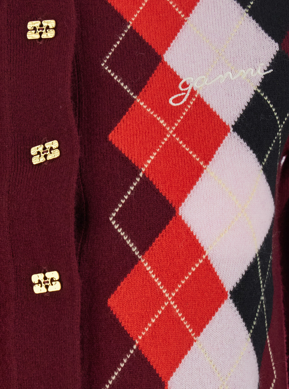 Ganni Women Multicolor Crewneck Cardigan With Jewel Buttons And Gemetric Motif On The Front In Wool And Cashmere Woman by Luosophy